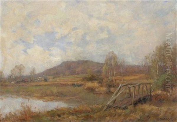Autumnal River Landscape With A Wooden Bridge Oil Painting by Jean Eugene Julien Masse