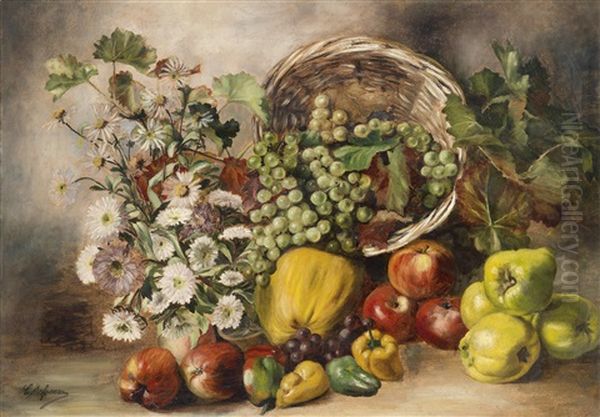 Stillleben Mit Astern Und Obstkorb Oil Painting by Carl Massmann