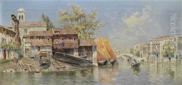 Venetian Canal With St. Mark's Campanile In The Distance Oil Painting by Egisto Massoni