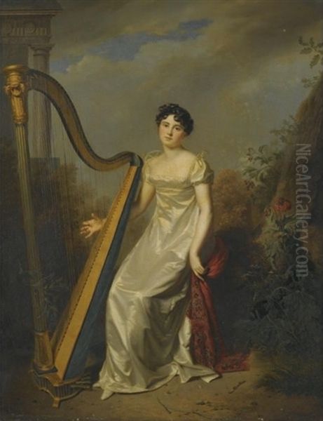Portrait Of A Lady, Wearing A White Dress And Seated Beside A Harp, A Landscape Beyond (marquise De Chamillard?) Oil Painting by Firmin Massot