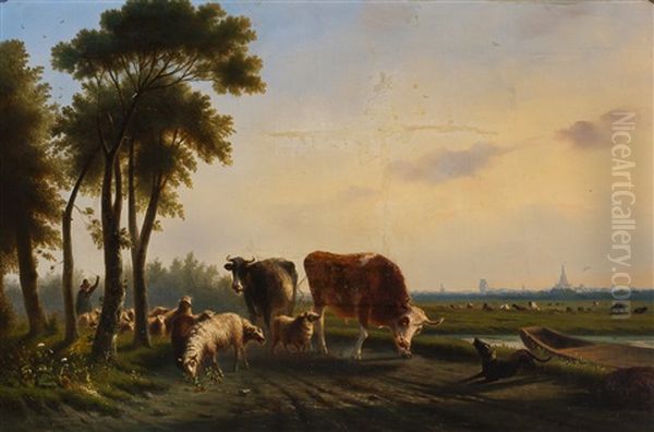 Shepherd And His Flock Oil Painting by Jan van Mastenbroek