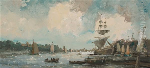 Shipping In The Estuary Oil Painting by Johan Hendrik van Mastenbroek