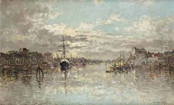A Tranquil Moring In A Dutch Harbour Oil Painting by Johan Hendrik van Mastenbroek