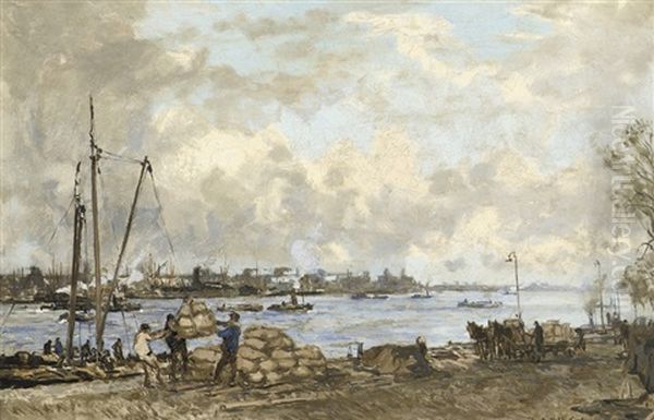 Lossen Aan De Willemskade Te Rotterdam: Unloading The Cargo Oil Painting by Johan Hendrik van Mastenbroek