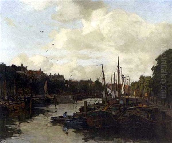 A Harbour Scene Oil Painting by Johan Hendrik van Mastenbroek