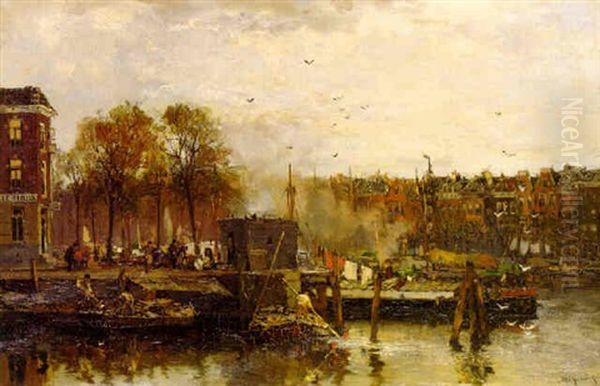 Quayside, Rotterdam Oil Painting by Johan Hendrik van Mastenbroek