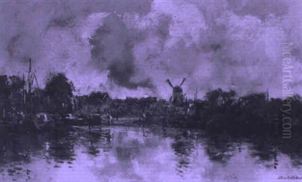 View Of A Dutch Estuary Town Oil Painting by Johan Hendrik van Mastenbroek