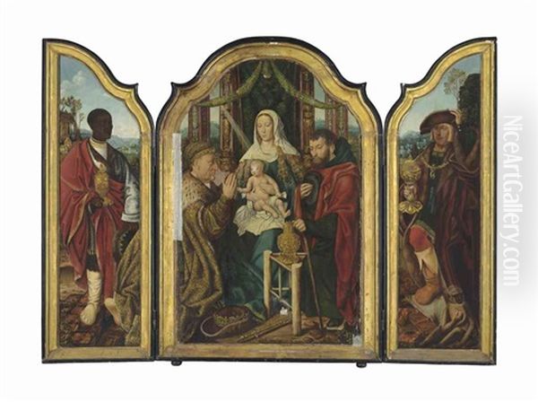 A Triptych: Central Panel: The Holy Family With Frederick Iii, Holy Roman Emperor As Melchior Offering Gold To The Christ Child; Left Wing: Balthasar Offering Myrrh; Right Wing: Maximilian I, Holy Roman Emperor, As Caspar Offering Incense; Outer Panels: T Oil Painting by Master Of Frankfurt