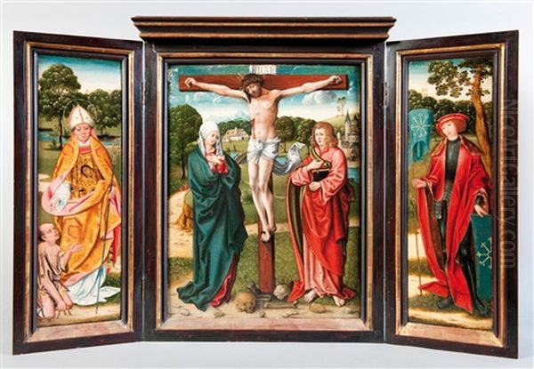 Triptyque, Panneau Central : Christ En Croix Avec Saint Jean, Volets Lateraux : Un Saint Eveque Et Saint Georges (?) Oil Painting by Master Of Frankfurt