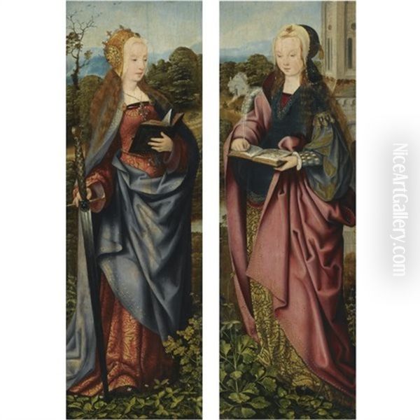 Saint Catherine (+ Saint Barbara; Pair) Oil Painting by Master Of Frankfurt