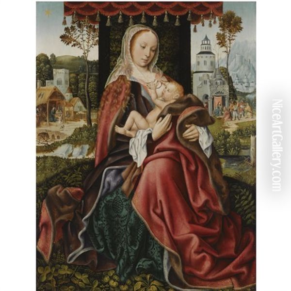 The Virgin And Child In A Landscape Setting, With The Nativity And The Adoration Of The Magi In The Background Oil Painting by Master Of Frankfurt