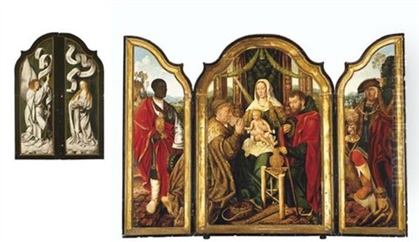 The Holy Family With Melchior Offering Gold To The Christ Child, Balthasar Offering Myrrh, Caspar Offering Incense, The Annunciation (triptych) Oil Painting by Master Of Frankfurt