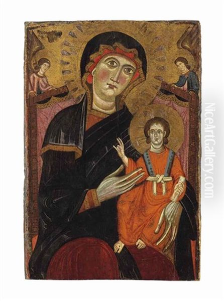 The Madonna And Child Enthroned With Two Angels Oil Painting by  Master of the Crucifix