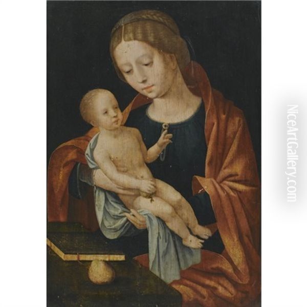 Virgin And Child Seated Before A Desk Oil Painting by  Master of the Female Half Lengths