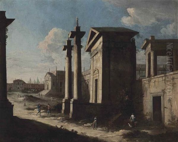 An Architectural Capriccio With Figures Conversing Oil Painting by  Master of the Langmatt Foundation Views