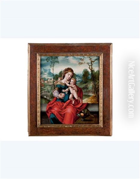 Madonna Con Il Bambino In Un Paesaggio, Con Scene Della Fuga In Egitto, Vassoio Con Frutta E Pappagallo Oil Painting by Master of the Parrot