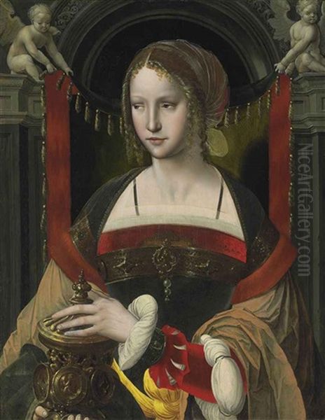 Saint Mary Magdalene Before A Curtain Supported By Angels In An Architectural Niche Oil Painting by Master of the Parrot