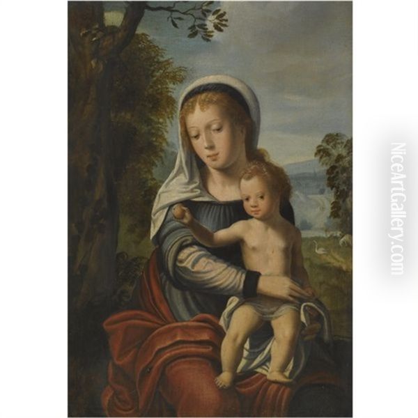 The Virgin And Child In A Landscape Oil Painting by Master of the Parrot