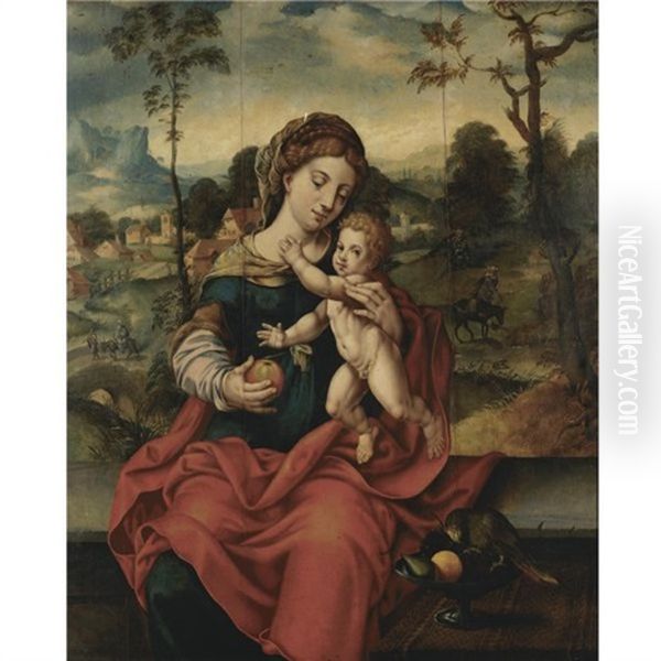 The Virgin And Child In A Landscape (the Rest On The Flight Into Egypt) Oil Painting by Master of the Parrot