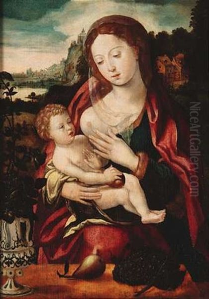 Maria Mit Kind Vor Einer Weiten Fluslandschaft Oil Painting by Master of the Parrot