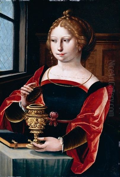 The Magdalene Seated At A Table By A Window, Holding A Gold Encrusted Urn Oil Painting by Master of the Parrot