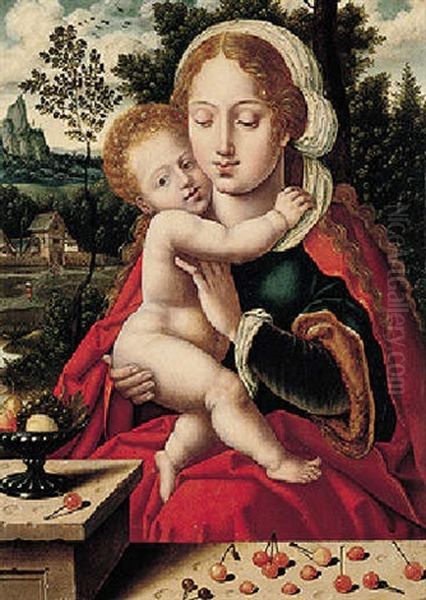 The Virgin And Child With Cherries And Other Fruit, In A Landscape Setting Oil Painting by Master of the Parrot