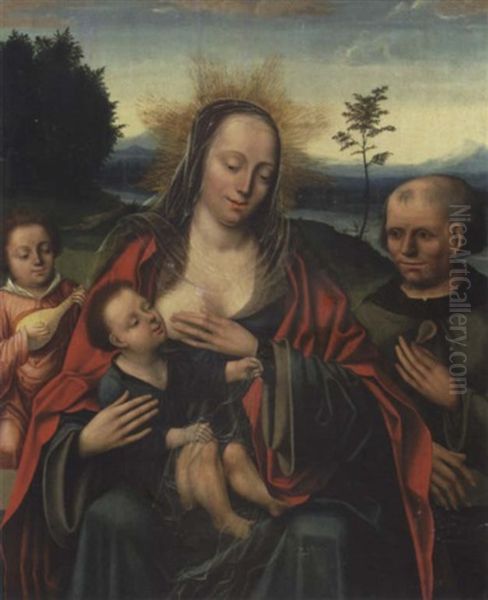 The Holy Family With An Angel Playing A Lute, In A Landscape Oil Painting by Master of the Parrot