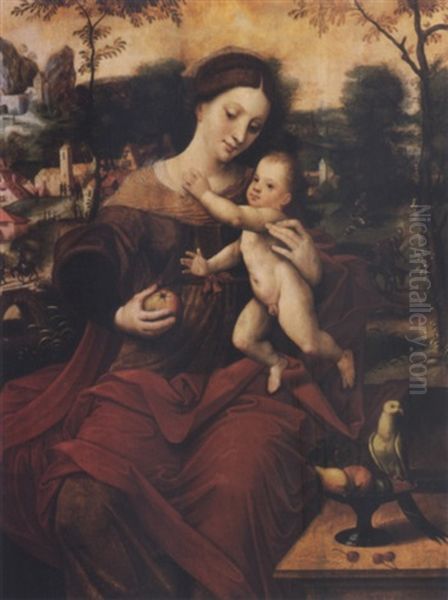 Madonna And Child Seated On A Stone Wall By S Stone Table With A Bowl Of Fruit With A Parrot, A Townscape And Landscape Beyond Oil Painting by Master of the Parrot