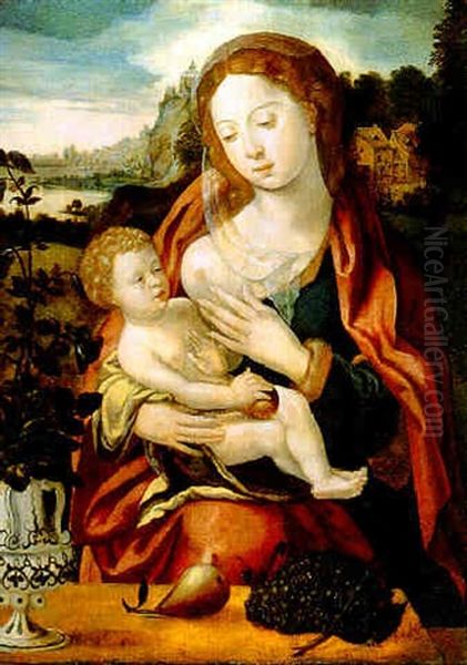 Maria Mit Dem Kind Vor Einer Weiten Landschaft Mit See. ... Oil Painting by Master of the Parrot