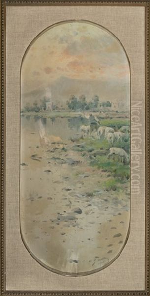 Pastor Con Rebano Junto A Un Rio Oil Painting by Segundo Matilla Marina