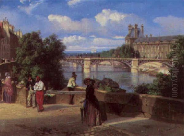 Elegant Figures By The Pont Des Arts, With The Palais Du Louvre Beyond, Paris Oil Painting by Louis Nicolas Matout