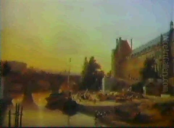 Vue De La Monnaie, Et Du Pont-neuf & Vue De La  Galerie Du Bord De L'eau Et Du Pont Royal Oil Painting by Louis Nicolas Matout