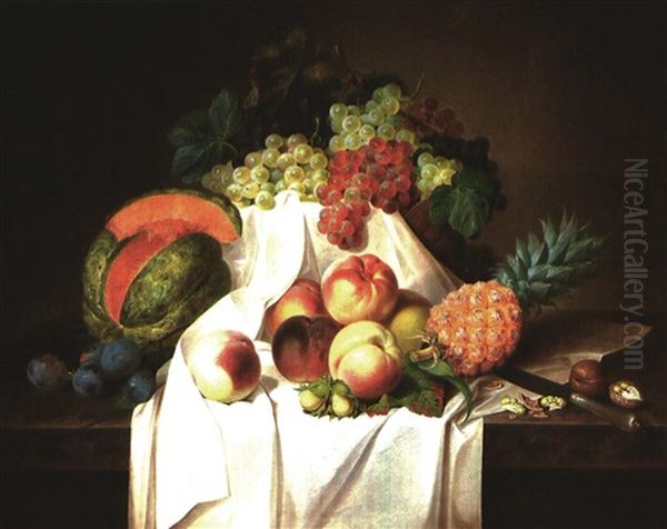 Obststilleben Auf Marmorgesims Oil Painting by Andreas Theodor Mattenheimer