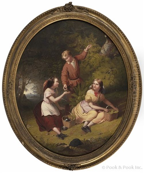 Three Children Picking Berries Oil Painting by Tompkins Harrison Matteson