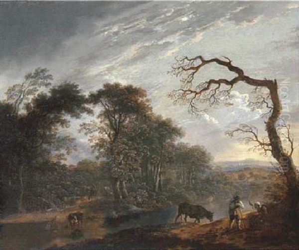 An Italianate River Landscape With A Herdsman And Cattle By A Ford Oil Painting by Cornelis Matteus