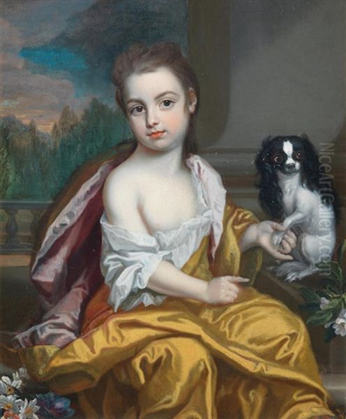 Portrait Of Girl Three-quarter Length, Seated Beside A Dog Oil Painting by James Francis Maubert