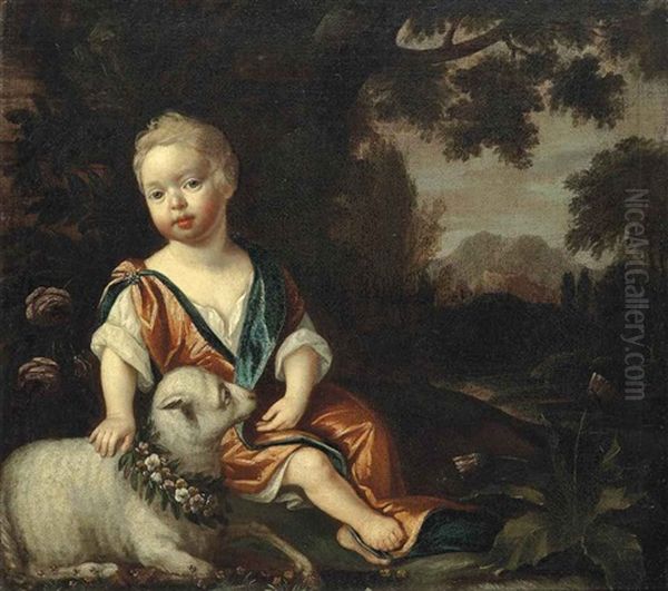 Portrait Of A Boy, With A Lamb, Seated In A River Landscape Oil Painting by James Francis Maubert