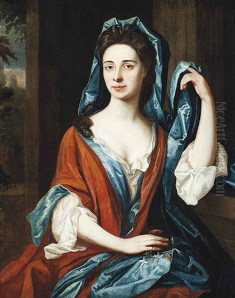 Portrait Of A Lady, Traditionally Identified As Eleanor Preston, Half-length, In A Blue Dress And Red Wrap, A Landscape Beyond Oil Painting by James Francis Maubert