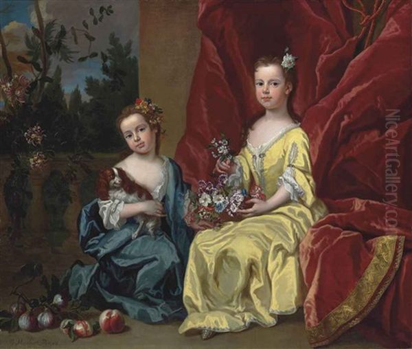 Portrait Of Catherine Sancroft (c. 1716-1780) And Her Sister Elizabeth (1714-1788), Full-length, The Former In A Blue Dress Holding A Spaniel, The Latter In A Yellow Dress Holding A Bowl Of Flowers, Before A Draped Curtain, A Park Landscape Beyond Oil Painting by James Francis Maubert