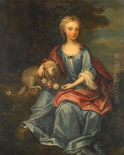 A Portrait Of A Young Boy, Full-length, With A Parrot (+ A Portrait Of A Young Girl With A Lamb; Pair) Oil Painting by James Francis Maubert