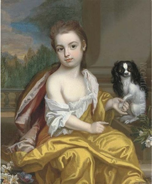 Portrait Of A Girl, Three-quarter-length, In A Yellow Dress With Pink Lining, Holding The Paw Of A Toy Spaniel To Her Left, A Column And Landscape Beyond Oil Painting by James Francis Maubert