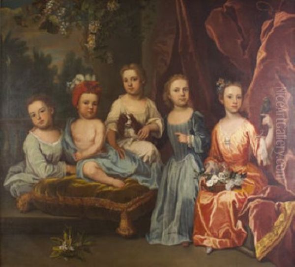A Portrait Group Of The Smith Children On A Terrace With A Spaniel, Basket Of Flowers And A Parakeet Oil Painting by James Francis Maubert