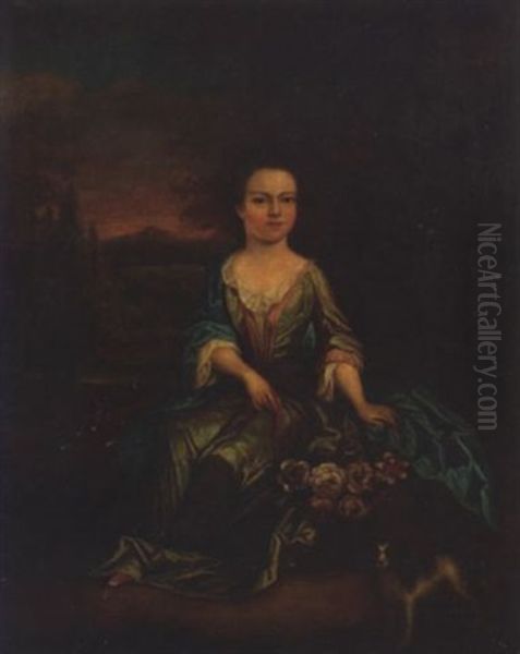 Portrait Of A Young Girl In A Green Dress Beside A Basket Of Flowers And A Spaniel With A Wooded River Landscape Beyond Oil Painting by James Francis Maubert