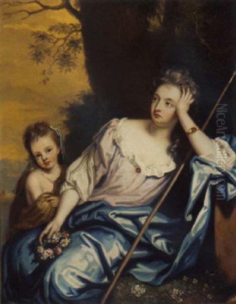 Portrait Of A Mother And Child As A Shepherdess, In A Landscape Oil Painting by James Francis Maubert