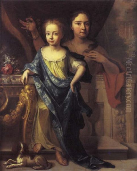 Portrait Of A Girl In A Green Dress And A Blue Silk Wrap, By A Table Decorated With Flowers, A Spaniel At Her Feet, Her Mother Behind A Balustrade Oil Painting by James Francis Maubert
