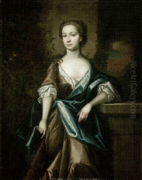 Portrait Of A Lady Wearing A Grey Silk Dress And Blue Robes With A Landscape Beyond Oil Painting by James Francis Maubert