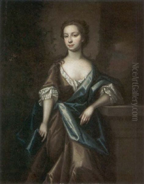 Portrait Of A Lady Wearing A Grey Silk Dress And Blue Robes Oil Painting by James Francis Maubert