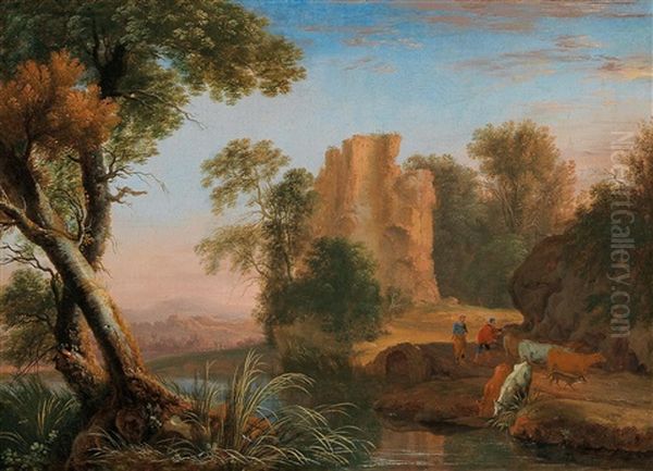 A Campagna Landscape With Shepherds And Their Flock By A Stream Oil Painting by Henri Mauperche