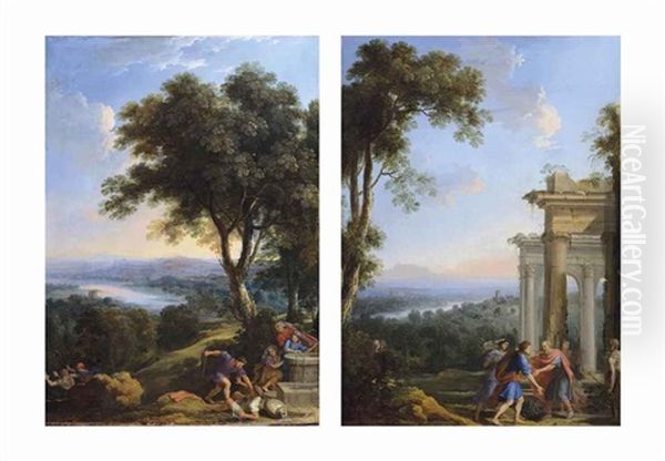 Moise Et Les Filles De Jethro Et Jethro Offre L'hospitalite A Moise (pair) Oil Painting by Henri Mauperche