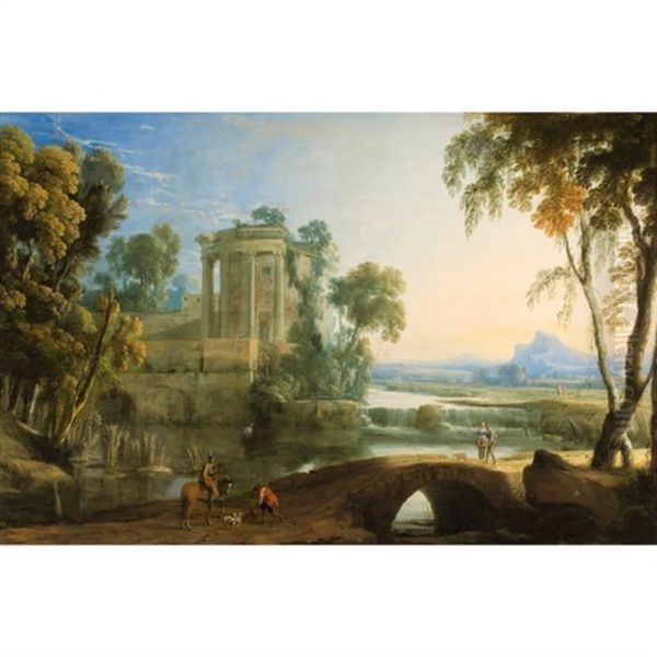 Paysage Panoramique Avec Un Temple De Vesta Pres D'une Cascatelle Oil Painting by Henri Mauperche